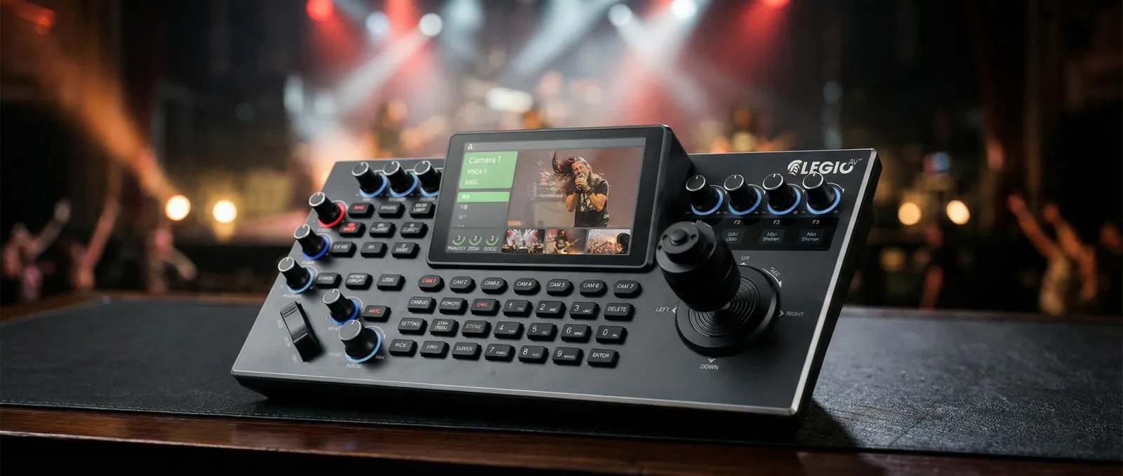 LegioAV hardware PTZ controller with joystick, knob and LCD screen in a live production setting