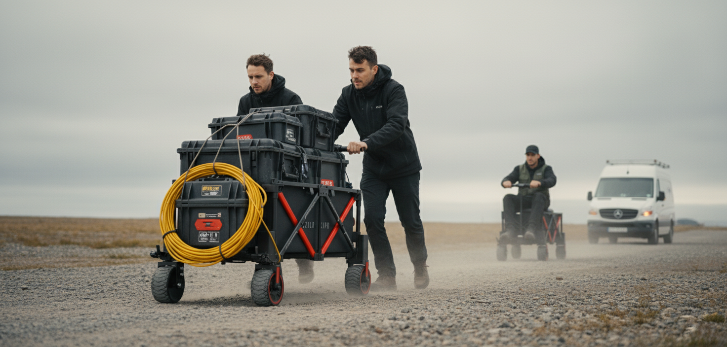 Production crew outdoors with ZIPR carts