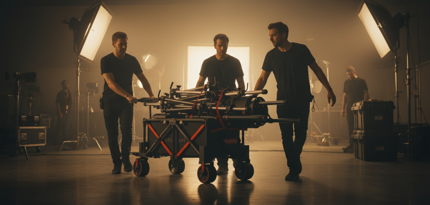 Studio grip pushing a ZIPR cart on set